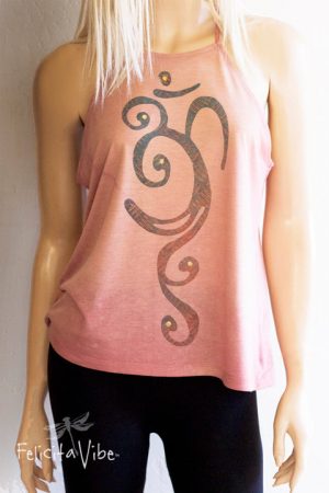 Blue and Rust OM with Gold Accents on acid washed High Neck Spaghetti Strap Yoga Tank Top front - Felicita Vibe™ - felicitavibe.com