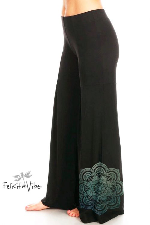 Black Gaucho Palazzo Wide Leg Pants with Mandala and fold over waist - Felicita Vibe® - felicitavibe.com