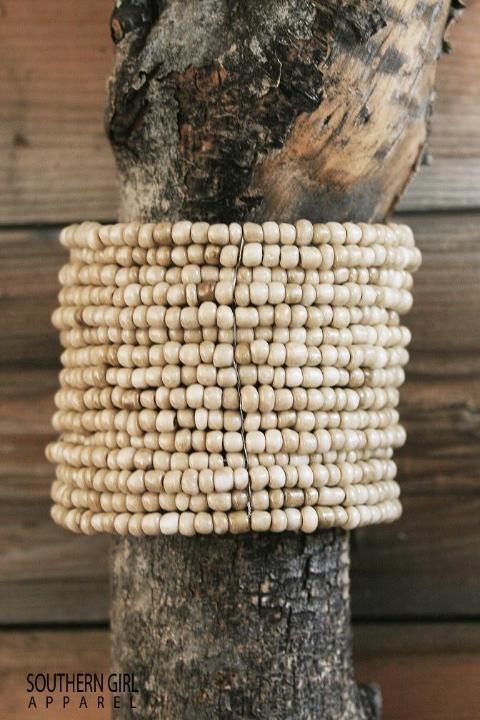 Shades of Beige colored Beads-Great base for stacking bracelets - Wide Multi-layered beaded wire flex cuff bracelet  - Approx. 2.5" inner diameter-Approx. 1.75" wide-free shipping-Felicita Vibe