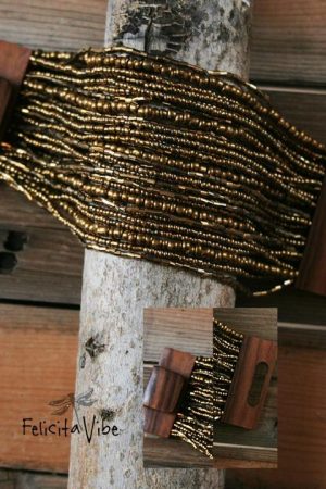 Gold Beaded Multi Strand Bracelet with Wood Closure