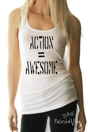 Action equals Awesome Women's Fitted White Workout Tank Top - Felicita Vibe® - felicitavibe.com