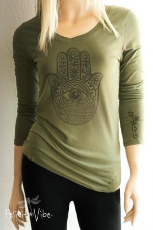Green V Neck Long Sleeve Peimitive Hamsa Hand Top - Felicita Vibe® - felicitavibe.com