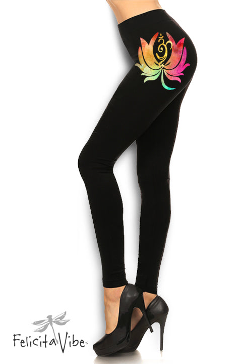 Brightly Painted Lotus and  Om Black High Waisted Leggings